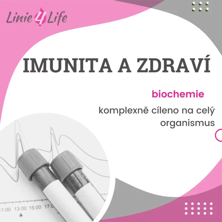 Podpora imunity a zdraví, biochemie zaměřená na celý organismus, testovací zkumavky a graf.