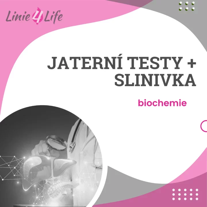 Obrázek ukazuje grafiku pro jaterní a slinivkové testy v oblasti biochemie, včetně lékařského motivu.