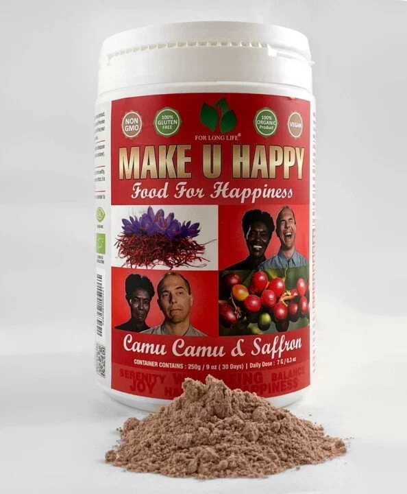 Dóza doplňku stravy Make U Happy s práškem obsahujícím Camu Camu a šafrán pro zlepšení nálady a pohody.