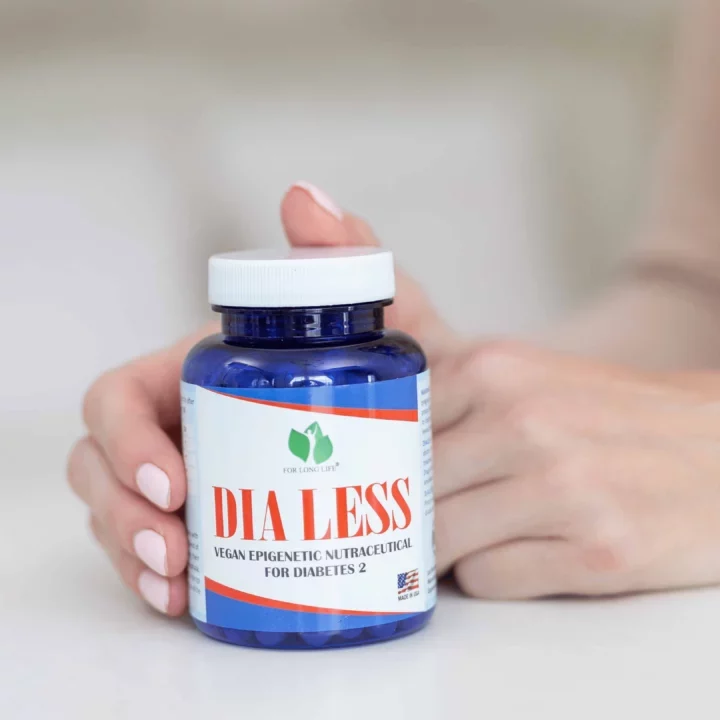 Láhev doplňku stravy Dia Less pro podporu péče o diabetes 2. typu, veganské epigenetické nutraceutikum.