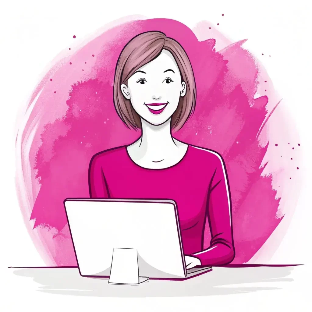 Žena pracující na notebooku, ilustrace s růžovým pozadím, úsměv a krátké vlasy, kancelářská práce.