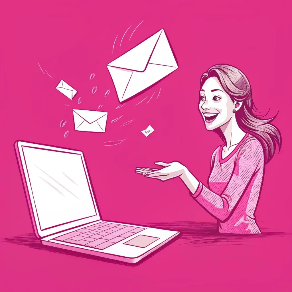 Žena u laptopu radostně sleduje příchozí e-maily. Ilustrace znázorňuje elektronickou komunikaci a email marketing.