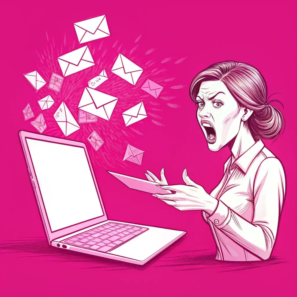 Žena v šoku sleduje, jak jí z notebooku vybíhají desítky e-mailů. Ilustrace obtěžujícího spamu.