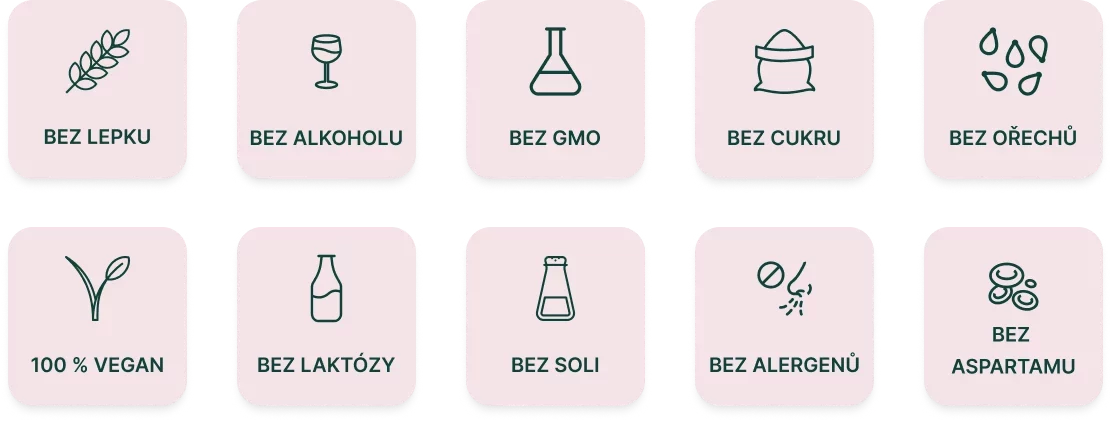 Ikony označující potraviny: bezlepkové, bez alkoholu, GMO, cukru, ořechů, veganské, bez laktózy, soli, alergenů a aspartamu.