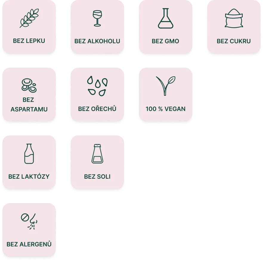 Produkt je bez lepku, alkoholu, GMO, cukru, aspartamu, ořechů, laktózy, soli, alergenů a 100% vegan.