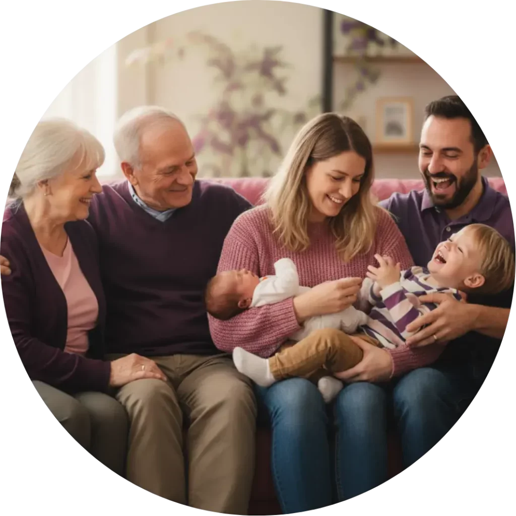 Rodina matka, babička, děda, otec, syn a mininko, sedí na gauči Linie4life (2)